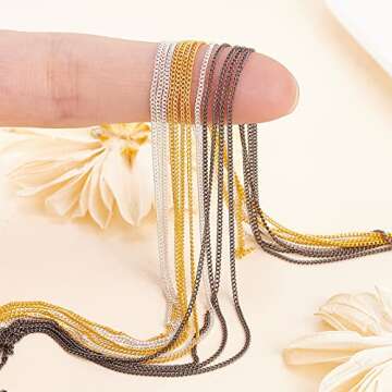 NICENEEDED 12 Strips Metal Nail Art Chains, Nail Jewelry Chains Nail Decorations with Box, 3D Gold & Silver & Black Nail Chains Nail Ornaments Nail Art Studs for Manicure Decoration & DIY