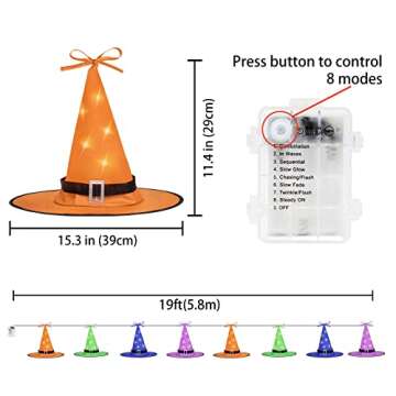 Ivenf Halloween Decorations Outdoor 8 Pcs 8 Lighting Modes LED Lights Witch Hat Lights Halloween Decor Hocus Pocus Decor for Garden Yard Indoor Outside Party, 19.6ft, 4 Colors