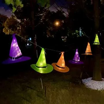 Ivenf Halloween Decorations Outdoor 8 Pcs 8 Lighting Modes LED Lights Witch Hat Lights Halloween Decor Hocus Pocus Decor for Garden Yard Indoor Outside Party, 19.6ft, 4 Colors