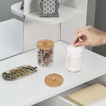 Tbestmax 6 Pack Qtip Holder, 10-Ounce Apothecary Jars with Bamboo Lids for Cotton Ball Swab Pad Dispenser, Bathroom Canisters Organizer