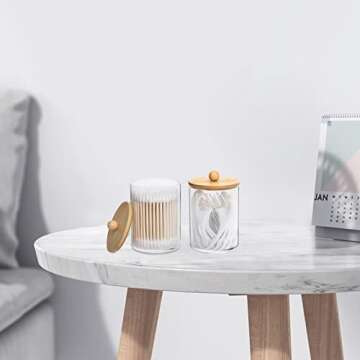 Tbestmax 6 Pack Qtip Holder, 10-Ounce Apothecary Jars with Bamboo Lids for Cotton Ball Swab Pad Dispenser, Bathroom Canisters Organizer