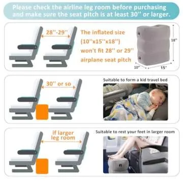Fabuday Inflatable Foot Rest for Air Travel - Car Seat Foot Rest for Kids & Toddler, Airplane Plane Bed for Flights, Blow up Plane Footrest Pillow with Easy-Carry Strap, Height Adjustable, Gray