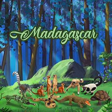 Toymany 11PCS Madagascar Jungle Animals Figurines Toy with Meerkat Lemur Chameleon Crocodile-Jungle Forest Zoo Animal Figures Set, Christmas Birthday Gift Party Favor School Project for Kids Toddlers