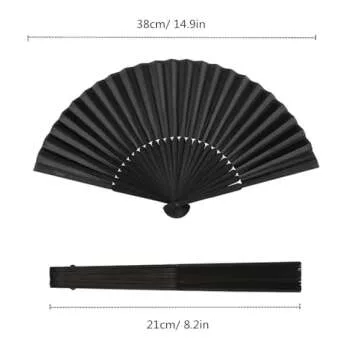 Minelife Tkocisa 2 Pack Bamboo Silk Folding Fan Handheld, Chinese Vintage Retro Fabric Fans, Black H...