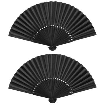 Minelife Tkocisa 2 Pack Bamboo Silk Folding Fan Handheld, Chinese Vintage Retro Fabric Fans, Black Hand Fan for Performance, Dance, Fighting, Wedding, Church, Party & Gift