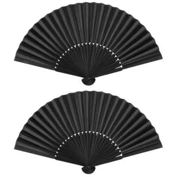 Minelife Tkocisa 2 Pack Bamboo Silk Folding Fan Handheld, Chinese Vintage Retro Fabric Fans, Black Hand Fan for Performance, Dance, Fighting, Wedding, Church, Party & Gift