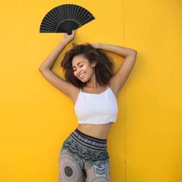 Minelife Tkocisa 2 Pack Bamboo Silk Folding Fan Handheld, Chinese Vintage Retro Fabric Fans, Black Hand Fan for Performance, Dance, Fighting, Wedding, Church, Party & Gift