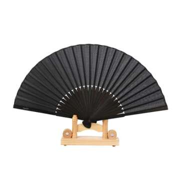 Minelife Tkocisa 2 Pack Bamboo Silk Folding Fan Handheld, Chinese Vintage Retro Fabric Fans, Black Hand Fan for Performance, Dance, Fighting, Wedding, Church, Party & Gift