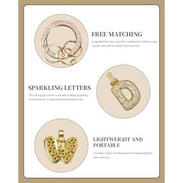 VGROSIA Gold Bubble Letter Keychain With Rhinestone H Initial Keychains For Women Purse Charms For Handbags