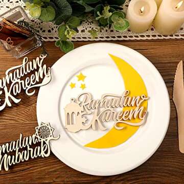 24 Pieces Ramadan Mubarak Plate Setting Hanging Wooden Word Ramadan Wood Sign Kareem Moon Star Eid Decorations Islamic Table Decor for Eid Al Adha Muslim Party Home Pendant Wall Ornaments