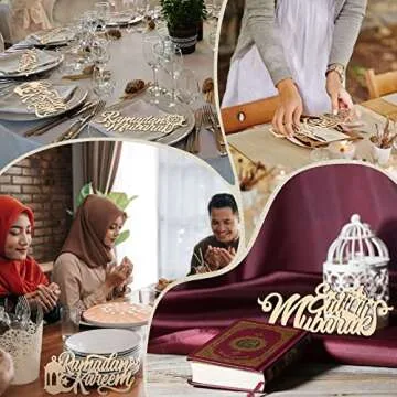 24 Pieces Ramadan Mubarak Plate Setting Hanging Wooden Word Ramadan Wood Sign Kareem Moon Star Eid Decorations Islamic Table Decor for Eid Al Adha Muslim Party Home Pendant Wall Ornaments