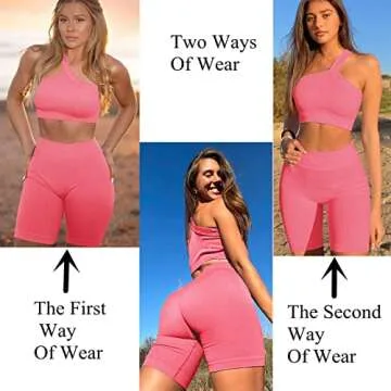 niyokki Women's Two Piece Ribbed Workout Set,One Shoulder Sports Bra Set High Waist Shorts, Matching Crop Tank Top and Shorts Outfits Yoga Gym (S, Pink)