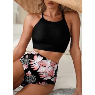 Herseas Women's Black Bikini Sets High Round Neck Tropical Leaf Print High Waisted Two Pieces Swimsu...