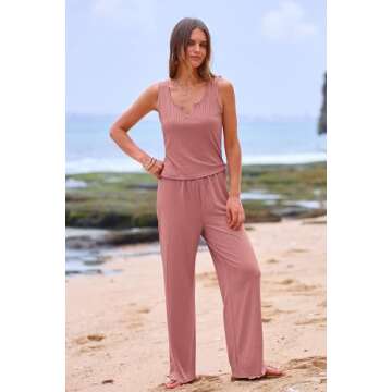 PRETTYGARDEN Womens Summer Casual Two Piece Outfits Sweatsuits Tank Scoop Neck Ribbed Knit Long Pants Tracksuits(Pink, Small)