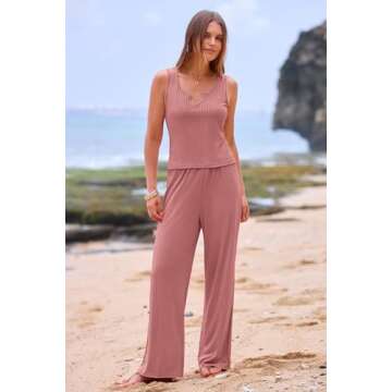 PRETTYGARDEN Womens Summer Casual Two Piece Outfits Sweatsuits Tank Scoop Neck Ribbed Knit Long Pants Tracksuits(Pink, Small)