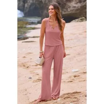 PRETTYGARDEN Womens Summer Casual Two Piece Outfits Sweatsuits Tank Scoop Neck Ribbed Knit Long Pants Tracksuits(Pink, Small)