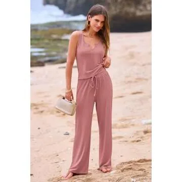 PRETTYGARDEN Womens Summer Casual Two Piece Outfits Sweatsuits Tank Scoop Neck Ribbed Knit Long Pants Tracksuits(Pink, Small)