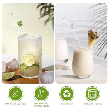 DUMING-IN 6 Pcs Reusable Glass Straws with 2 Cleaning Brushes, Cute Colorful Bow Glass Straws Shatter Resistant, Reusable Straws Dishwasher Safe for Juices, Smoothies, Milkshakes, Teas