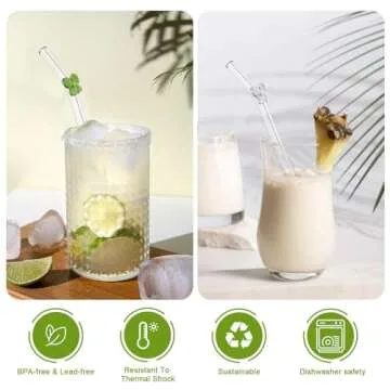 DUMING-IN 6 Pcs Reusable Glass Straws with 2 Cleaning Brushes, Cute Colorful Bow Glass Straws Shatter Resistant, Reusable Straws Dishwasher Safe for Juices, Smoothies, Milkshakes, Teas