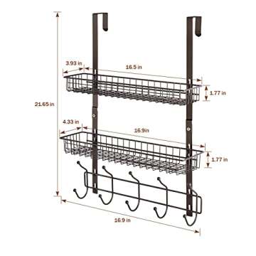 Over The Door Hanger Organizer Metal Door Hanging Coat Rack with 2 Baskets and 5 Hooks Over The Door Storage Hook Rack for Coat Towel Hats (Brown)
