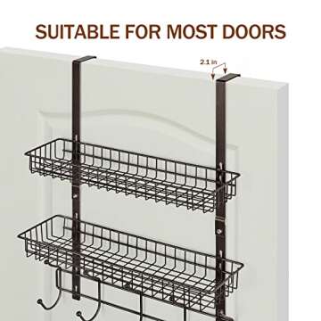 Over The Door Hanger Organizer Metal Door Hanging Coat Rack with 2 Baskets and 5 Hooks Over The Door Storage Hook Rack for Coat Towel Hats (Brown)