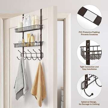 Over The Door Hanger Organizer Metal Door Hanging Coat Rack with 2 Baskets and 5 Hooks Over The Door Storage Hook Rack for Coat Towel Hats (Brown)