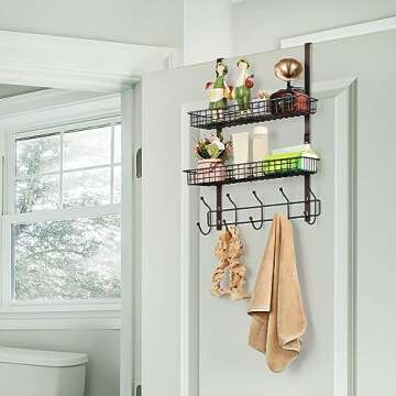 Over The Door Hanger Organizer Metal Door Hanging Coat Rack with 2 Baskets and 5 Hooks Over The Door Storage Hook Rack for Coat Towel Hats (Brown)