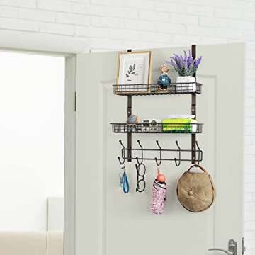 Over The Door Hanger Organizer Metal Door Hanging Coat Rack with 2 Baskets and 5 Hooks Over The Door Storage Hook Rack for Coat Towel Hats (Brown)