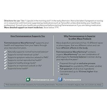 Femmenessence MacaHarmony – Scientifically Proven to Support Natural Hormone Balance for Women, Regular Menstrual Cycle, PMS, Acne, Mood, Fertility, 120 Natural Organic Maca Vegan Caps, 60-Day Supply