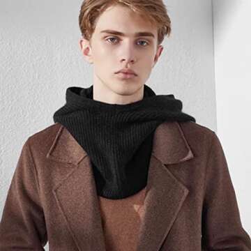 Hooded Scarf Hat Knit Balaclava Women Beanie Skull Cap with Drawstring Warm Winter Hats for Women Men Outdoor Sports