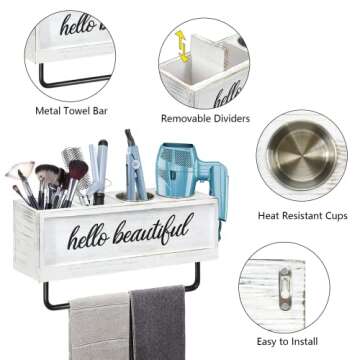 Anwelynd Rustic Hair Dryer Holder Wall Mounted, Hair Tools and Styling Organizer with Towel Bar for Farmhouse, Beauty, Flat Iron, Curling Wand, Towel Rack