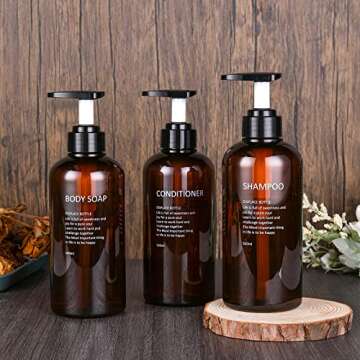 BasedFloor Shampoo and Conditioner Dispenser -3pcs 16.9oz/500ml Amber Plastic Empty Refillable Pump Lotion Bottle Containers Set for Bathroom Shower Body Wash