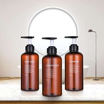 BasedFloor Shampoo and Conditioner Dispenser -3pcs 16.9oz/500ml Amber Plastic Empty Refillable Pump Lotion Bottle Containers Set for Bathroom Shower Body Wash
