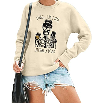 MOUSYA Halloween Skeleton Sweatshirt Women Skull Shirt Funny Coffee Skeleton Hoodie Fall Long Sleeve...