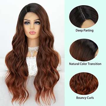 K'ryssma Ombre Auburn Wig with Dark Root Copper Red Synthetic Wigs for Women Long Wavy Natural Looking Fashion Copper Wig