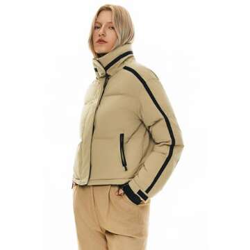 Orolay Women's Cropped Puffer Jacket Winter Stand Collar Quilted Down Coat Warm Fashion Zip Up Outerwear with Pockets Khaki Medium