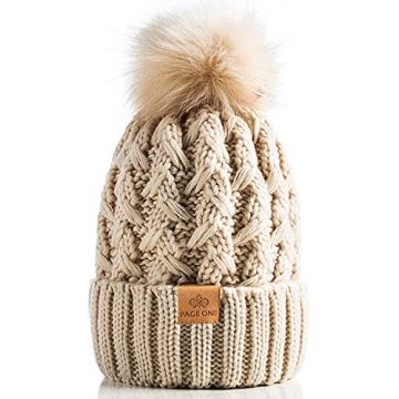 PAGE ONE Women's Winter Ribbed Beanie with Pompom - Soft Warm Hat in Beige
