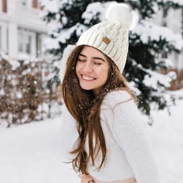 Winter Ribbed Beanie with Pompom for Women
