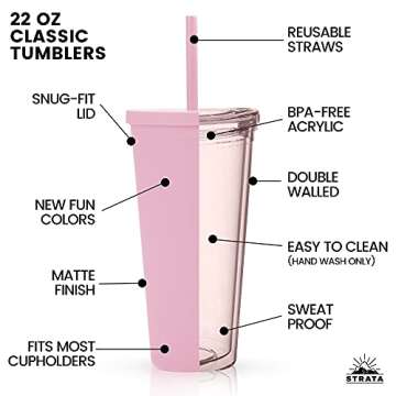 STRATA CUPS Acrylic Tumbler with Lid and Straw (Pack of 4) - 22 oz Pastel Colored Cups, Double Wall Pink Plastic Bulk Tumbler with Lids and FREE Straw Cleaner, Tumblers for Vinyl Projects