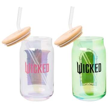 Silver Buffalo Wicked Featuring Elphaba and Glinda She's So Good and Don't Hide Your Magic 2 Pack Glass Jar Tumbler with Bamboo Lid and Glass Straw, 16 Ounces