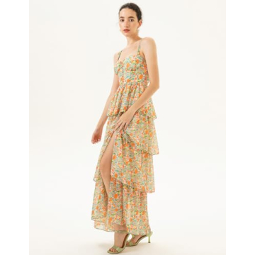 Women Floral Maxi Dress Tiered Hem Lined Dress Flower Girl Dress Summer Ruched Cami Dress Backless Maxi Dress for Women