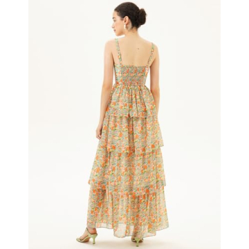 Women Floral Maxi Dress Tiered Hem Lined Dress Flower Girl Dress Summer Ruched Cami Dress Backless Maxi Dress for Women
