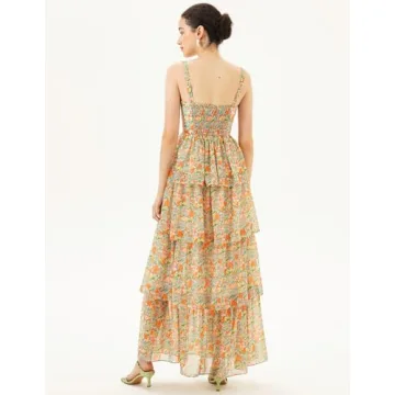 Women Floral Maxi Dress Tiered Hem Lined Dress Flower Girl Dress Summer Ruched Cami Dress Backless Maxi Dress for Women