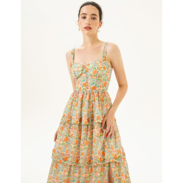 Women Floral Maxi Dress Tiered Hem Lined Dress Flower Girl Dress Summer Ruched Cami Dress Backless Maxi Dress for Women