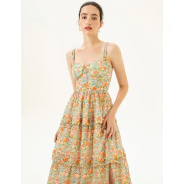 Women Floral Maxi Dress Tiered Hem Lined Dress Flower Girl Dress Summer Ruched Cami Dress Backless Maxi Dress for Women