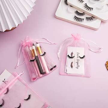 Reginary 100 Pcs Eyelash Aftercare Bags Eye Lash Print Makeup Bags Empty Beauty Gift Women Drawstring Cosmetic Organza Pouch for Makeup Jewelry Supplies(4 x 6 Inch,Pink Plus Black)