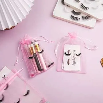 Reginary 100 Pcs Eyelash Aftercare Bags Eye Lash Print Makeup Bags Empty Beauty Gift Women Drawstring Cosmetic Organza Pouch for Makeup Jewelry Supplies(4 x 6 Inch,Pink Plus Black)