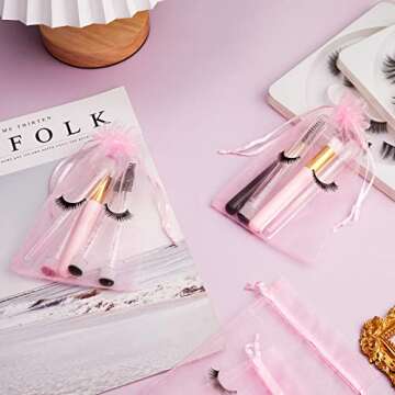 Reginary 100 Pcs Eyelash Aftercare Bags Eye Lash Print Makeup Bags Empty Beauty Gift Women Drawstring Cosmetic Organza Pouch for Makeup Jewelry Supplies(4 x 6 Inch,Pink Plus Black)