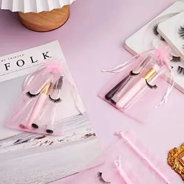 Reginary 100 Pcs Eyelash Aftercare Bags Eye Lash Print Makeup Bags Empty Beauty Gift Women Drawstring Cosmetic Organza Pouch for Makeup Jewelry Supplies(4 x 6 Inch,Pink Plus Black)