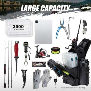 Piscifun Fishing Tackle Backpack with Rod & Gear Holder, Lightweight Outdoor Water-Resistant Fishing Shoulder Storage Bag, Black